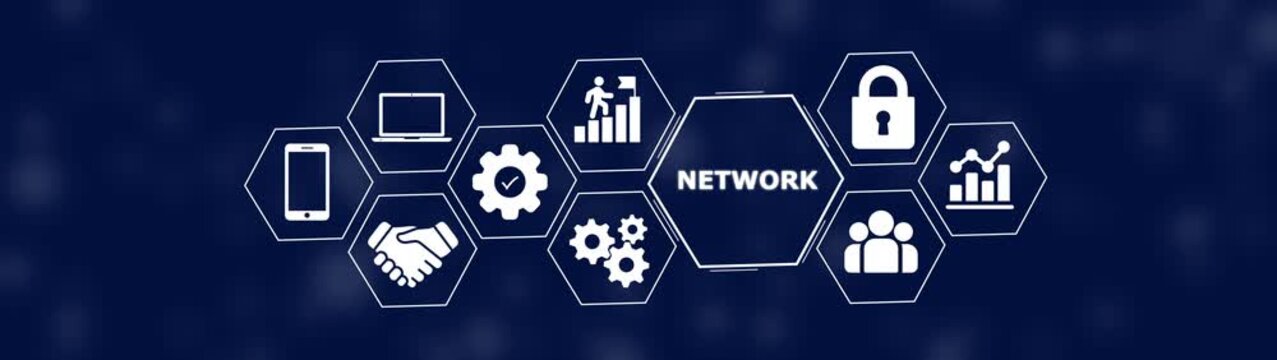 Network concept with white in hexagons on a dark blue background showing connectivity and digital communication symbols
