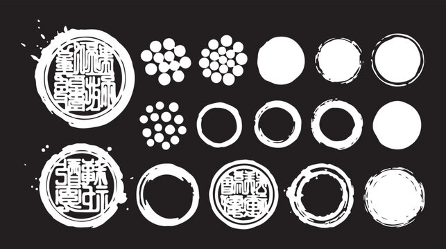 A collection of distressed circular stamp frames, organic ink textures, and spherical patterns in a high-contrast white-on-black style.