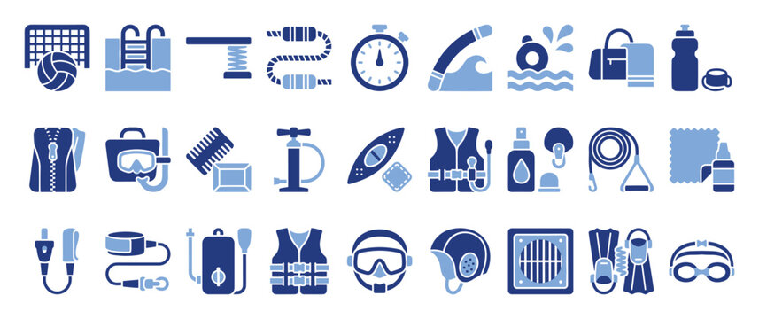 Set of swimming and water sports equipment activity icons perfect for pool game graphics