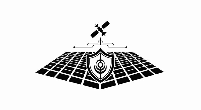 Futuristic digital shield with satellite and grid pattern symbolizing global security and technology.