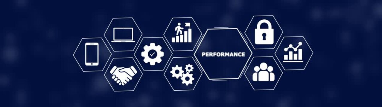 Performance concept with white in hexagonal shapes on a dark blue background featuring laptop smartphone gear and handshake