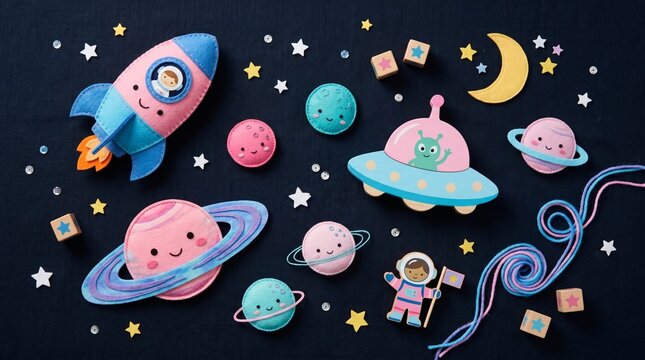 Cute Outer Space Flat Lay Frame with Cartoon Planets Rocket Satellite UFO and Copyspace on Black Background