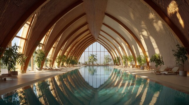 Indoor pool area with large windows and natural light in a modern building, featuring plants and lounge chairs