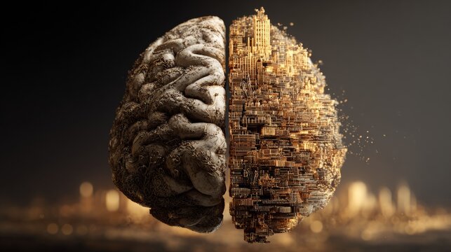 Creative display showing a brain and a city blending together at night with light effects