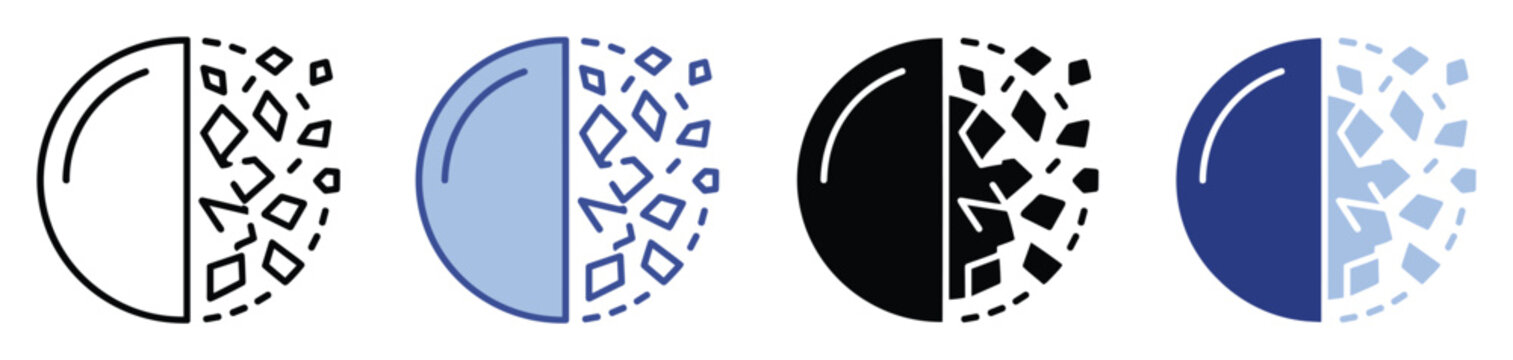 Set of disappearing circular icons signifying digital data fragmentation or system disintegration