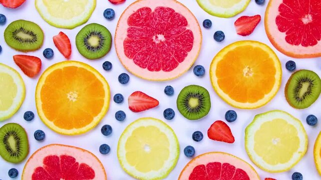 Flat lay of colorful sliced citrus fruits and kiwi on white background