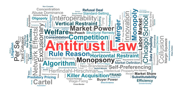 Antitrust Law Word Cloud. A visual compilation of crucial terminology framing anti-monopoly frameworks merger controls algorithmic collusion and market power analysis for legal experts.
