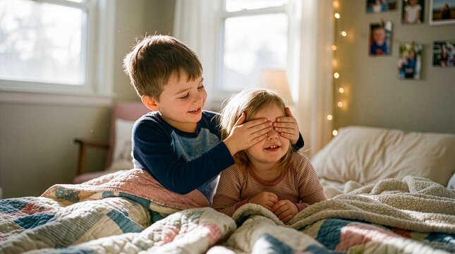 Brother covers his sister's eyes while they play together on their bedroom bed.