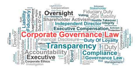 Fototapeta premium Corporate Governance Law Word Cloud. Visual representation of essential principles governing fiduciary duties, board oversight, accountability, shareholder rights, and compliance.