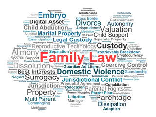 Obraz premium Family Law Word Cloud. Visual Representation of Core Principles in Domestic Jurisprudence Asset Valuation Parentage Disputes Custody Frameworks and Relationship Dissolution.
