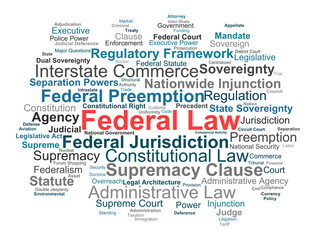 Obraz premium Federal Law Word Cloud. Visual Overview of Federalism, Constitutional Supremacy, Administrative Frameworks, Preemption Doctrines, and National Jurisdiction for Legal Experts.