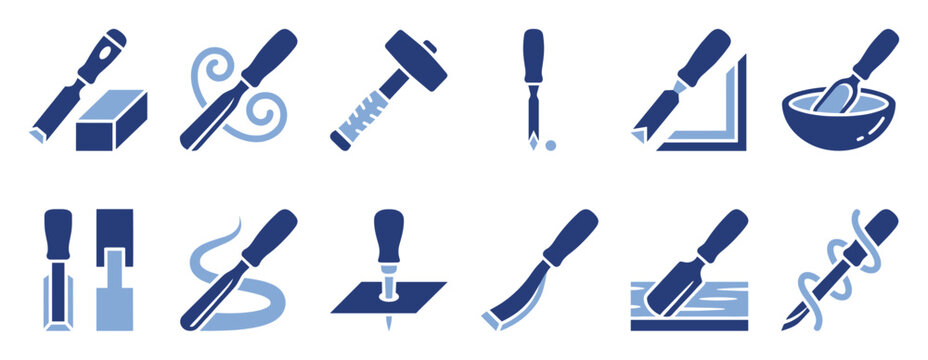 Set of woodworking chisels and mallet tools symbols for carpentry graphic design projects