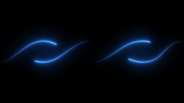 Abstract two neon curved lines pass in front of each other on black background. Moving and glowing neon lines animated.