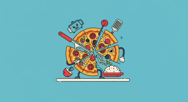 Vector illustration of an angry cartoon pizza being attacked by various kitchen utensils including a knife, spatula, and a pot character, isolated on a solid light blue background.