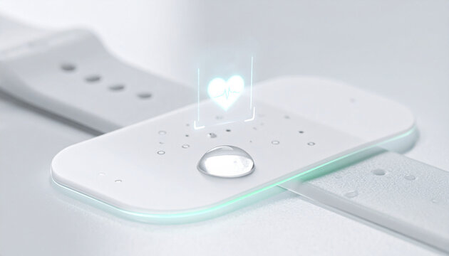 Clean minimalist shot of a wearable biosensor patch with water droplet and holographic heart projection on white.