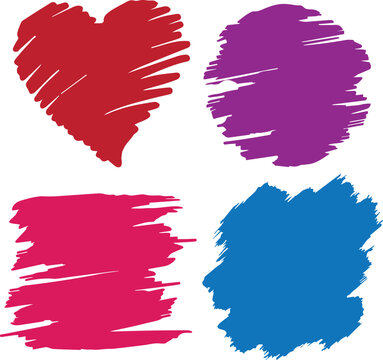 Colorful scribble shapes and brush strokes set, hand drawn textured paint splatters vector