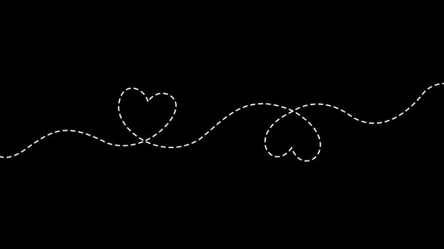 heart dashed line path icon animation on black background. Romantic travel symbol, heart dashed line trace. Movement of simple heart path, dotted love. 4k video