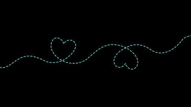 heart dashed line path icon animation on black background. Romantic travel symbol, heart dashed line trace. Movement of simple heart path, dotted love. 4k video