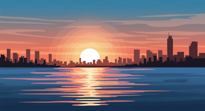 Minimalist vector illustration of a city skyline silhouette at sunset with a large sun setting over calm water, featuring colorful layered clouds and horizontal reflections.