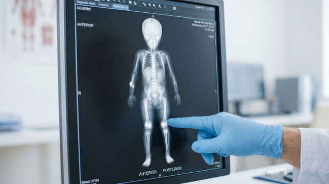 Doctor pointing at pediatric bone scintigraphy scan on monitor