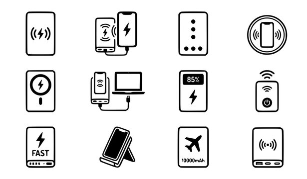 Minimal wireless power bank vector icon set isolated on white background