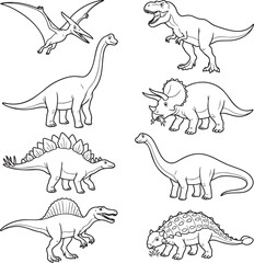 Black and white line drawing of various dinosaurs © Salehun