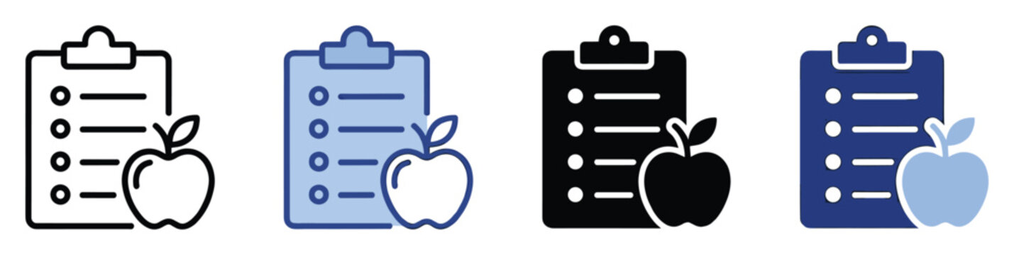 Clipboard and apple icons representing diet plans and healthy eating for health apps