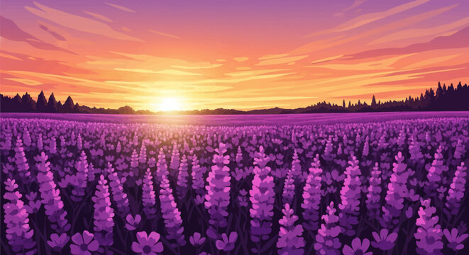 Vector illustration of a blooming purple lavender field stretching to the horizon under a vibrant orange and pink sunset sky with a bright sun and silhouette forest background.
