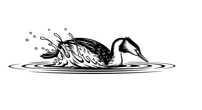 Black and white loon bird diving in splashing water