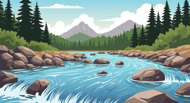 Vector illustration of a blue mountain river flowing over brown rocks and boulders, surrounded by dense evergreen pine forests and jagged peaks under a cloudy sky.