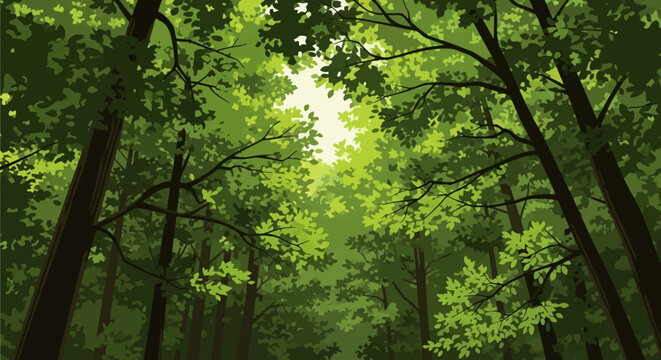 Low angle vector illustration of a dense lush green forest canopy with deciduous tree branches and leaves against a bright sky background in a natural woods setting.
