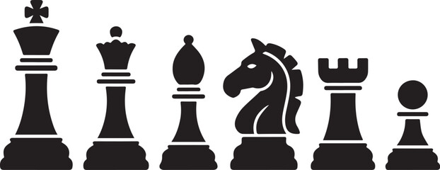 Black chess pieces set with king, queen, pawns and knight © Masud