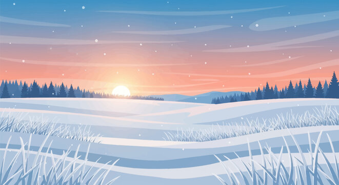 Vector illustration of a winter sunset over a vast snow-covered field with frozen grass in the foreground and a dense evergreen forest on the horizon under a colorful sky.
