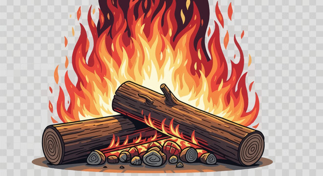 2D vector illustration of burning firewood logs with bright orange and red flames on a transparent checkered background, campfire with glowing embers and stylized heat sparks.