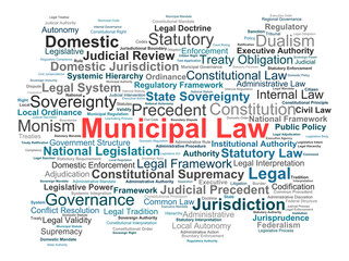 Fototapeta premium Municipal Law Word Cloud. Visual Overview of Internal Legal Frameworks, State Sovereignty, Statutory Structures, Constitutional Supremacy, and Domestic Jurisdictional Dynamics.