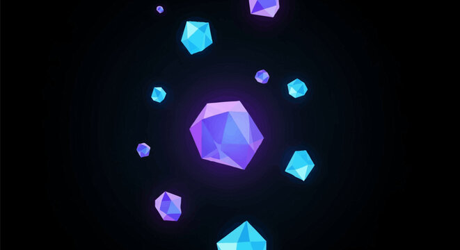 3D render of glowing low-poly geometric crystals floating in dark space. Abstract neon blue and purple polyhedral shards with crystalline facets on a black background.
