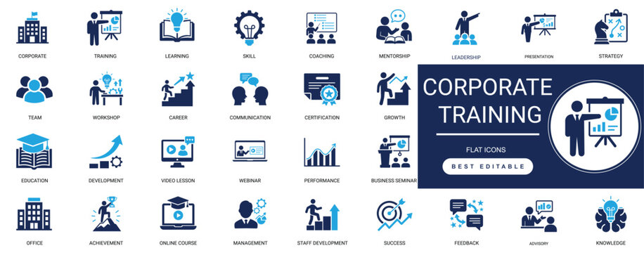 Corporate Training Icon Set. Coaching, Skill, Learning, Mentorship, Team, Workshop, Growth, Career, Seminar, Education. Editable  Solid Glyph Vector Illustration.