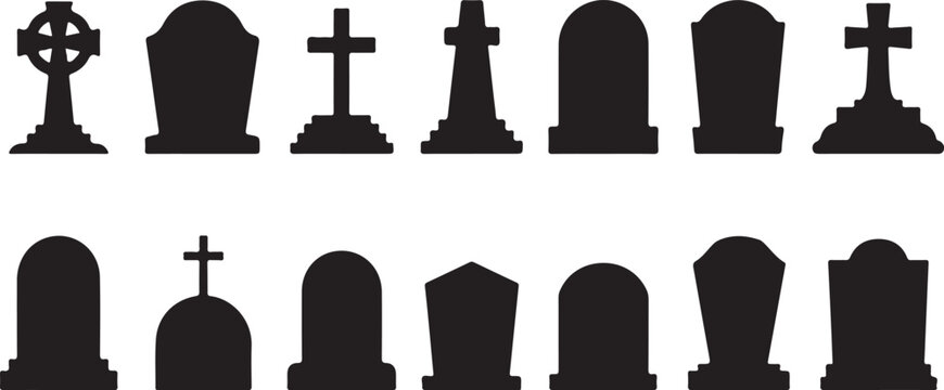 Black silhouette cemetery icons and crosses set