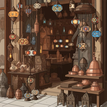 Traditional Middle Eastern bazaar shop interior featuring an array of hanging colorful mosaic glass lanterns, vintage copper vessels, brass kettles, and handcrafted ceramic pottery.