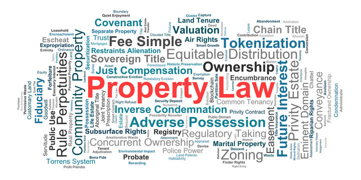 Property Law Word Cloud. Visual summary of master legal terms outlining land tenure tenure models adverse possession eminent domain asset valuation and modern tridimensional rights.