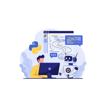 Flat vector illustration of a male software developer working at a computer alongside an AI robot assistant for Python programming, machine learning, and automation code development.