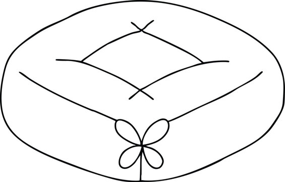 Line art version of traditional oriental meditation cushion zafu with decorative knot ribbon, black and white outline coloring page style object illustration