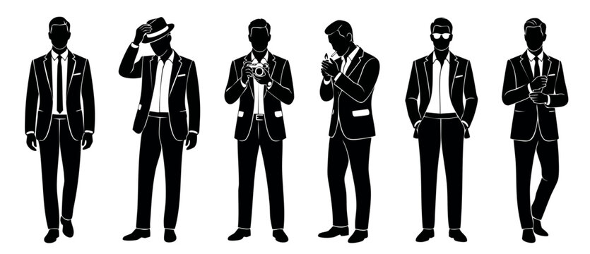 Businessman silhouettes set in suit collection, professional man standing in various poses, classy gentleman formal attire isolated on white background, elegant fashion model corporate executive chara