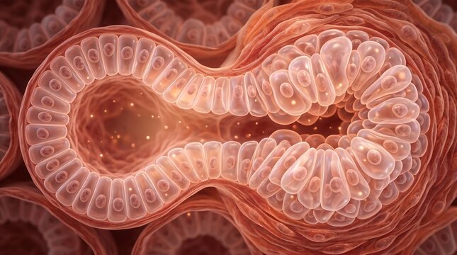 Microscopic view of epithelial cells forming glandular structures within bodily tissues
