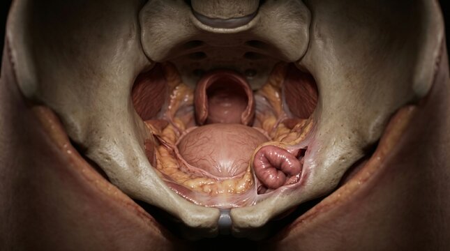 Close up view of the female pelvic anatomy including bones uterus and intestines