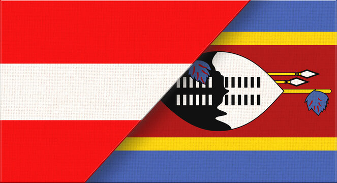 Double flag of Austria and Eswatini on fabric texture. Flag of Austria and Eswatini