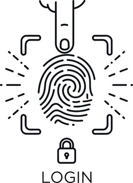 Finger touching a digital biometric fingerprint scanner sensor for secure authentication and login access to protected private computer data systems