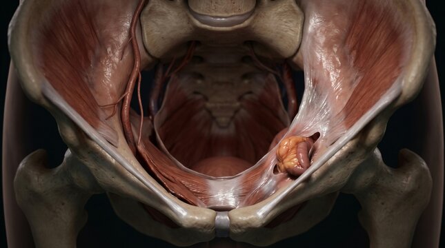 Detailed 3D illustration of the human pelvis showing muscles bones and inguinal hernia