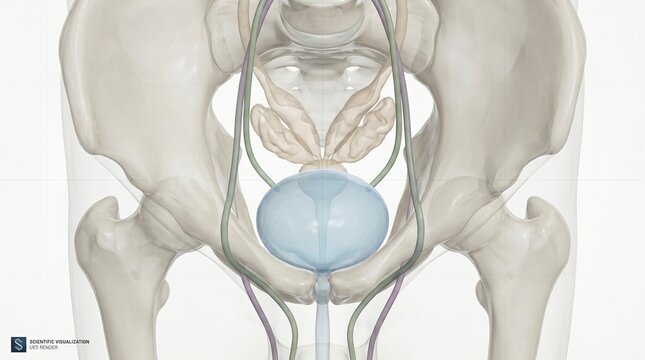 Anterior view of human pelvic bones bladder prostate and major blood vessels in neutral lighting