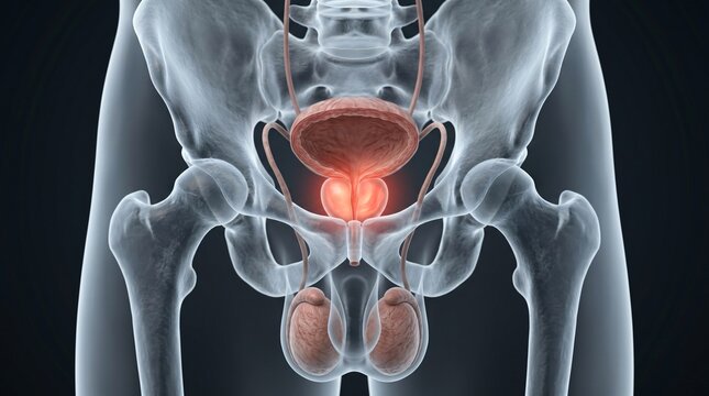 Male pelvic anatomy with glowing red inflammation in the prostate gland and urinary tract